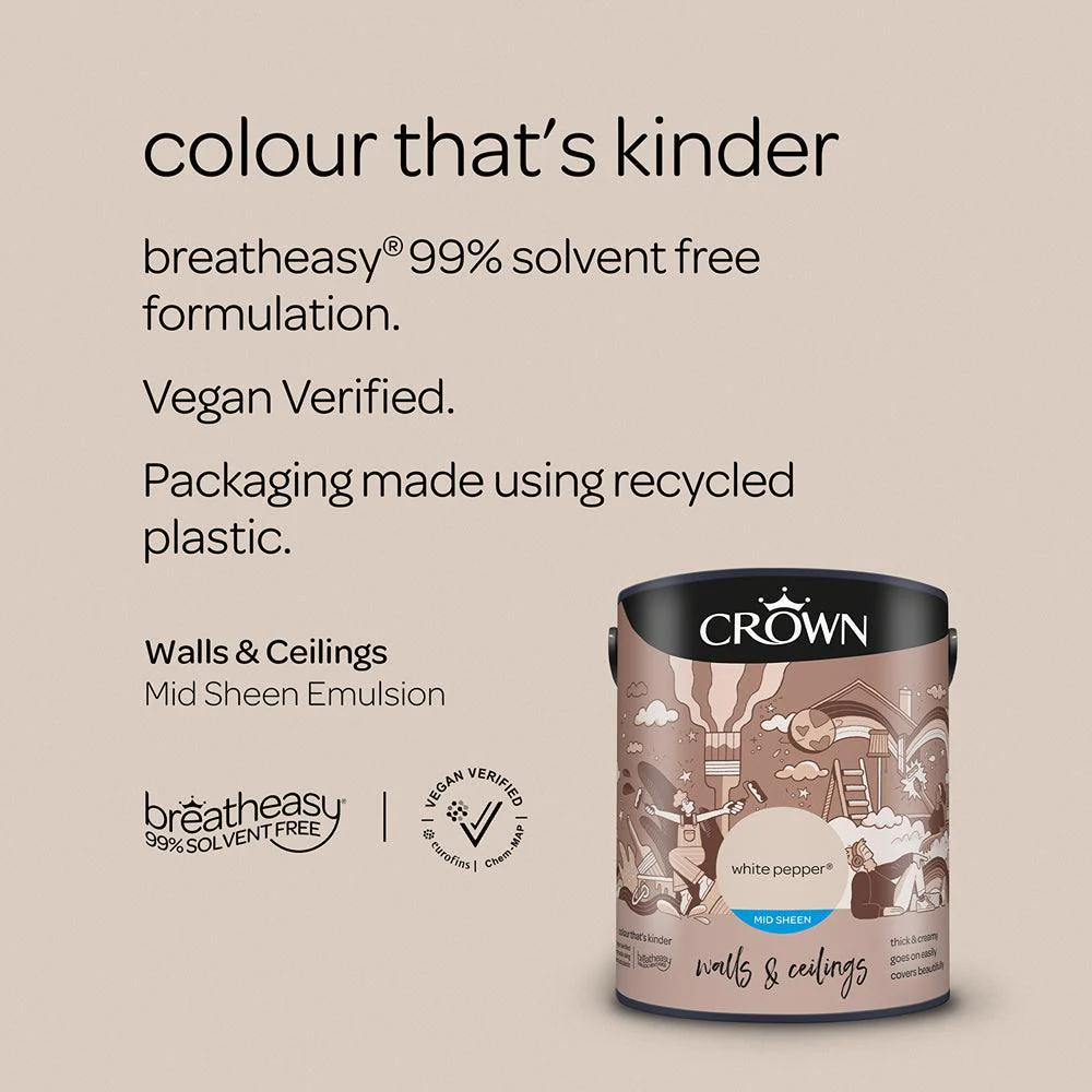 Crown Walls & Ceilings Mid Sheen Emulsion Paint | White Pepper - Image 7