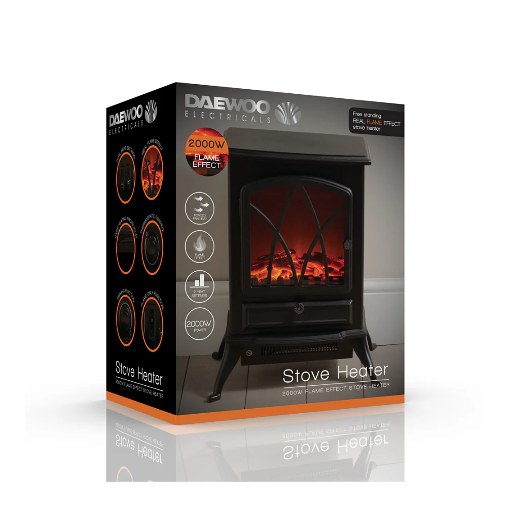 Daewoo Black Electric Stove Heater | 2000W, Real Flame Effect