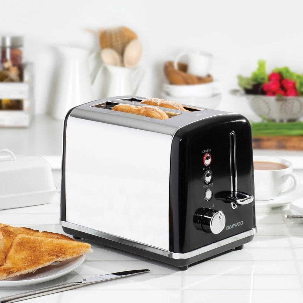 Daewoo Kensington Two Slice Toaster | Black and Chrome, Reheat, Defrost - Image 2