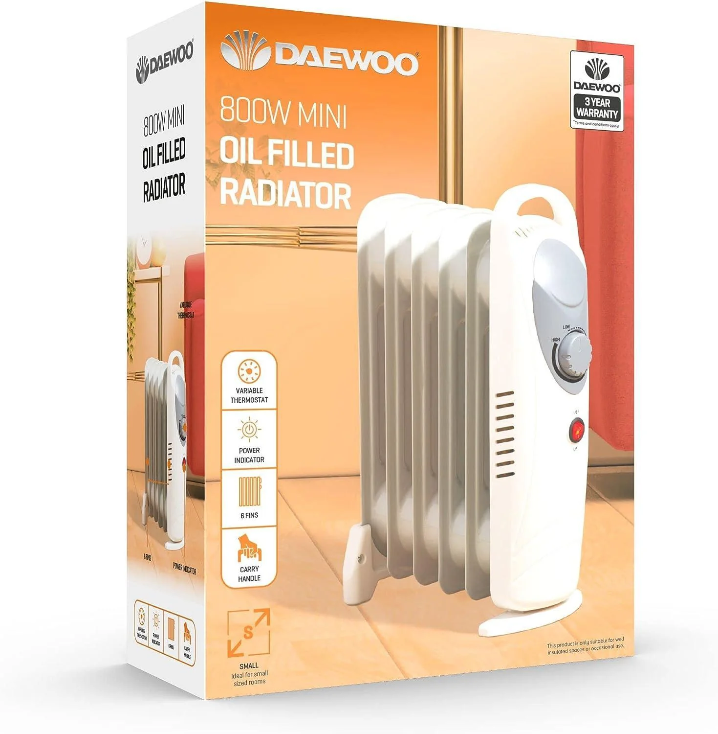 Daewoo Mini Oil Filled Portable Radiator | 6 Fin White Heater | 800W - Image 4