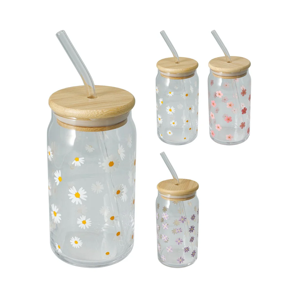 Daisy Glass Jar with Straw for Drinks | 500ml, Daisy Design Print