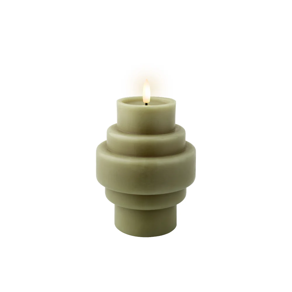 Decoris LED Wick Stacked Cylinder Vase Candle | Muted Green, 16cm - Image 2