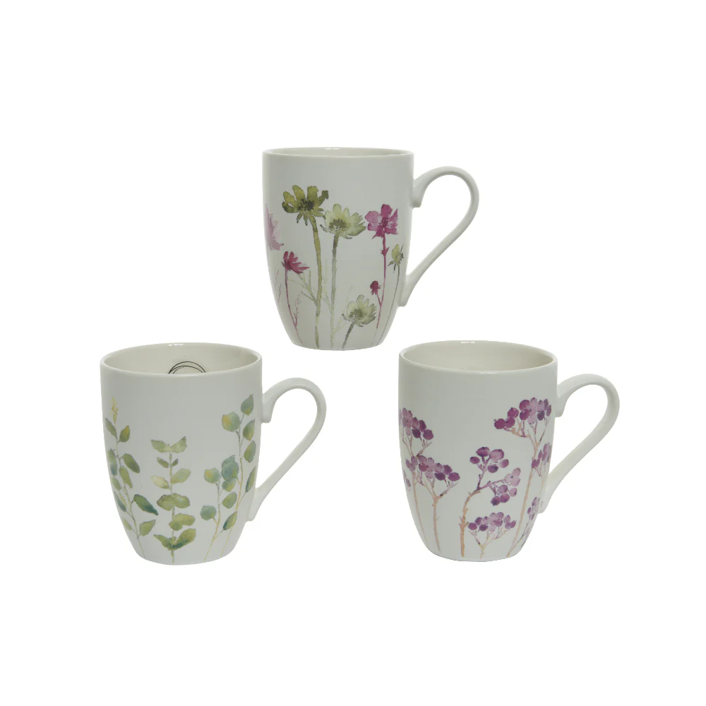 Decoris Porcelain Floral Mug | Assorted Botanical Designs, Pack of 3