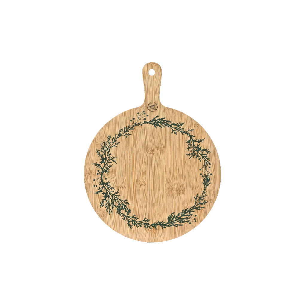 Decoris Round Bamboo Serving Board | Handle, Hanging Hole, Wreath Print