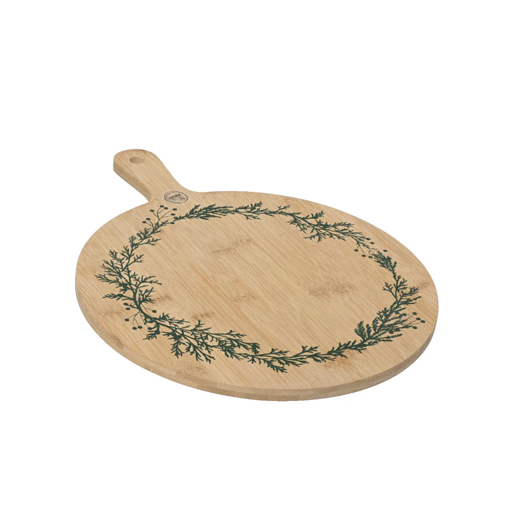 Decoris Round Bamboo Serving Board | Handle, Hanging Hole, Wreath Print - Image 2