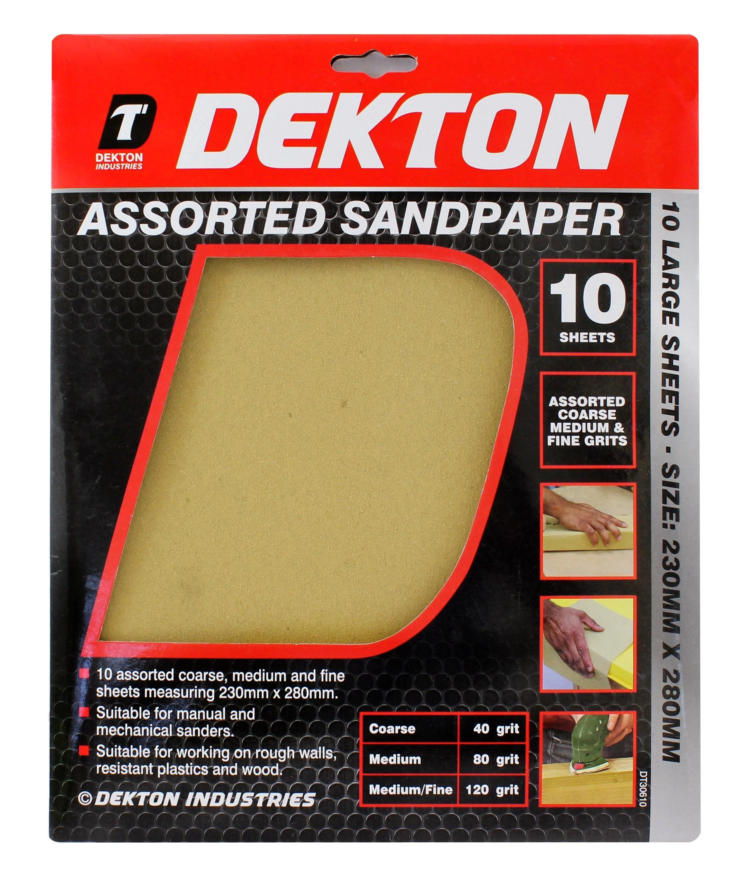 Dekton | Assorted Sandpaper Sheets 10 Pack (Coarse, Medium, Medium/Fine) DT30610