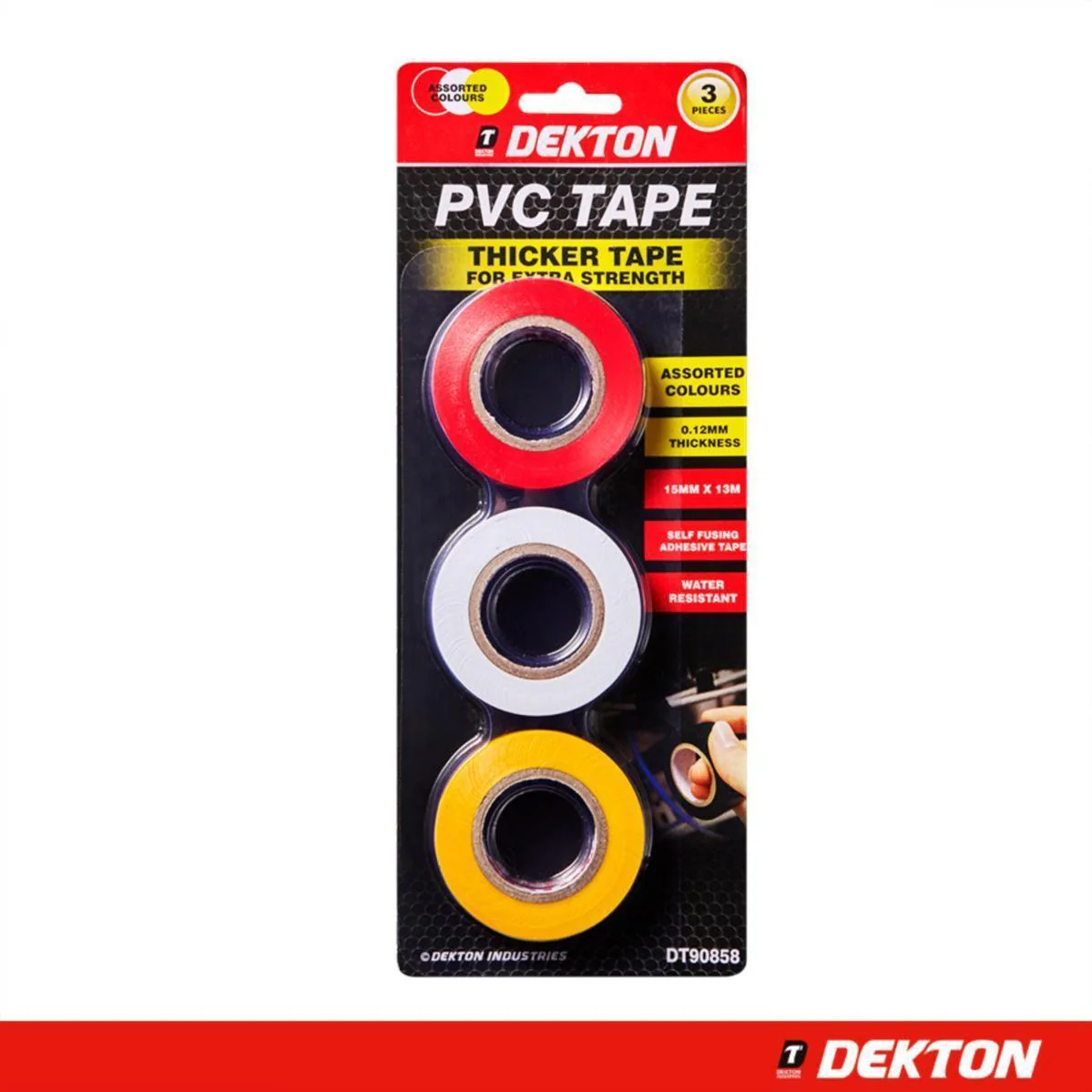 Dekton PVC 15mm X 13mtr Tape 3 Piece Set (Yellow, Red & White)