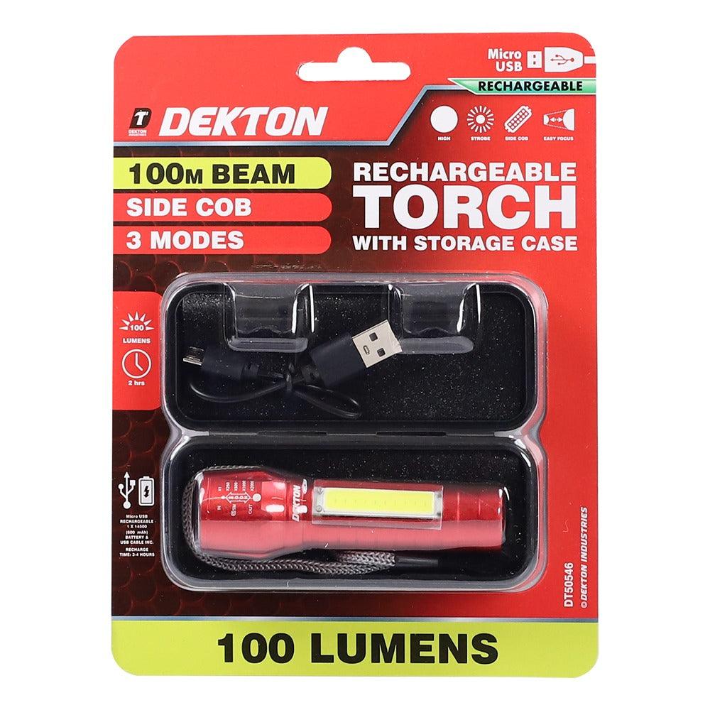 Dekton Rechargeable LED Torch | 100lm | Metallic Red - Image 2