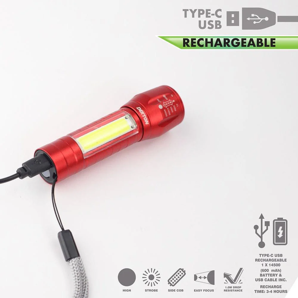 Dekton Rechargeable LED Torch | 100lm | Metallic Red - Image 6