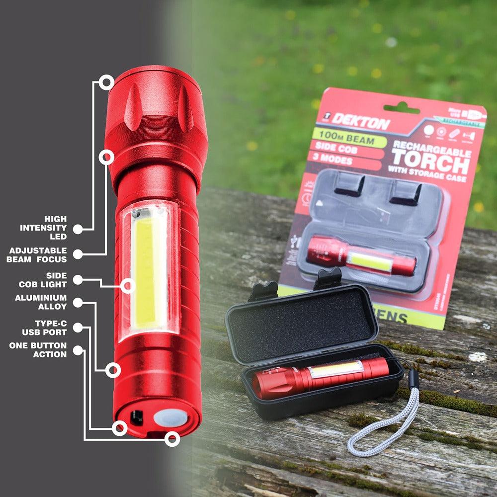 Dekton Rechargeable LED Torch | 100lm | Metallic Red - Image 7