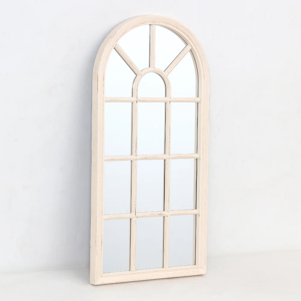 Distressed Cream Arched Window Wall Mirror | 35 x 70cm, Multi-Pane