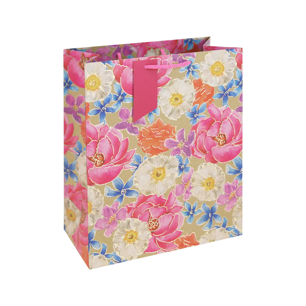 EuroWrap Kraft Floral Large Gift Bag | Rope Handles, Gift Tag