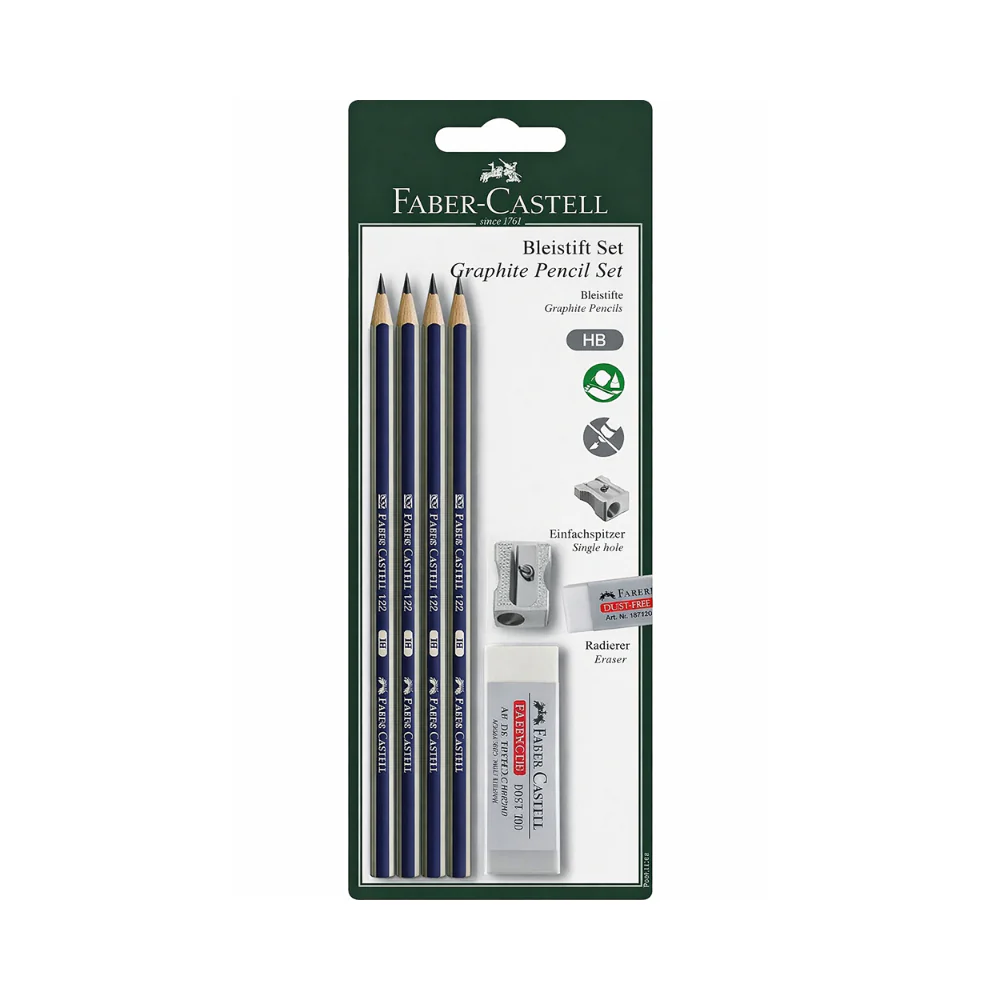 Faber Graphite Pencil Set with Eraser and Sharpener | HB, Blue Barrel