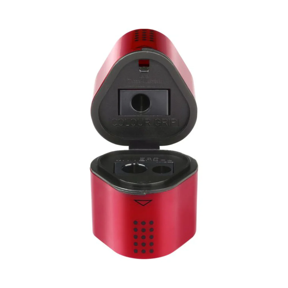 Faber Trio Pencil Sharpener | Dual Hole, Shavings Container, Red/Blue