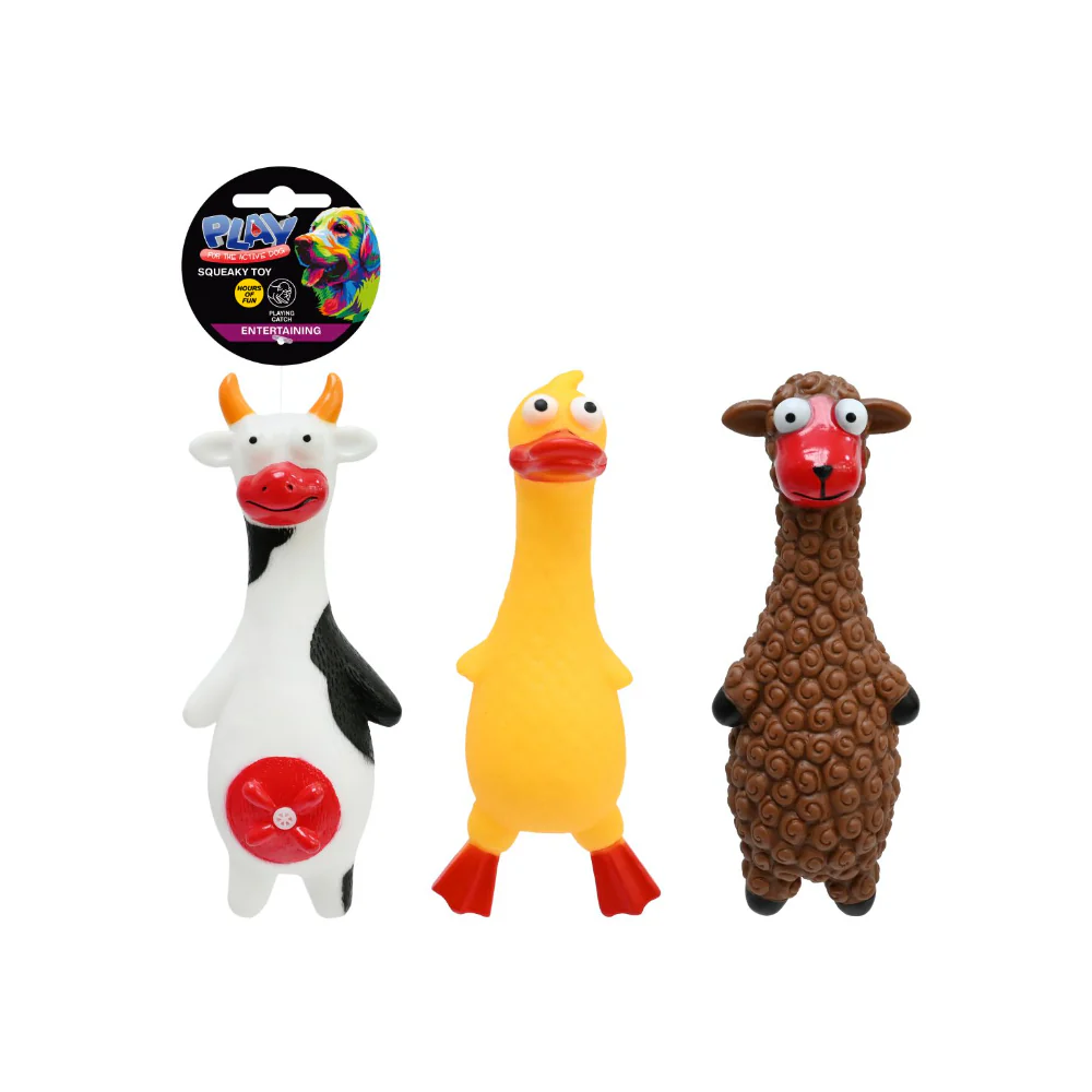 Farm Animal Vinyl Squeaky Dog Toy | 22cm, 3 Assorted Designs