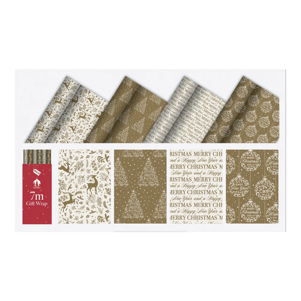 Festive Wonderland Assorted Christmas Gift Wrap | 7m, Gold and White
