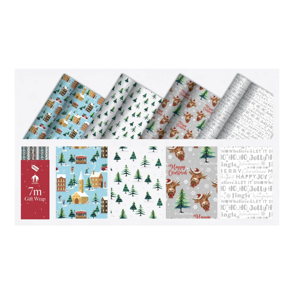 Festive Wonderland Contemporary Christmas Wrapping Paper | 7m, Assorted Designs