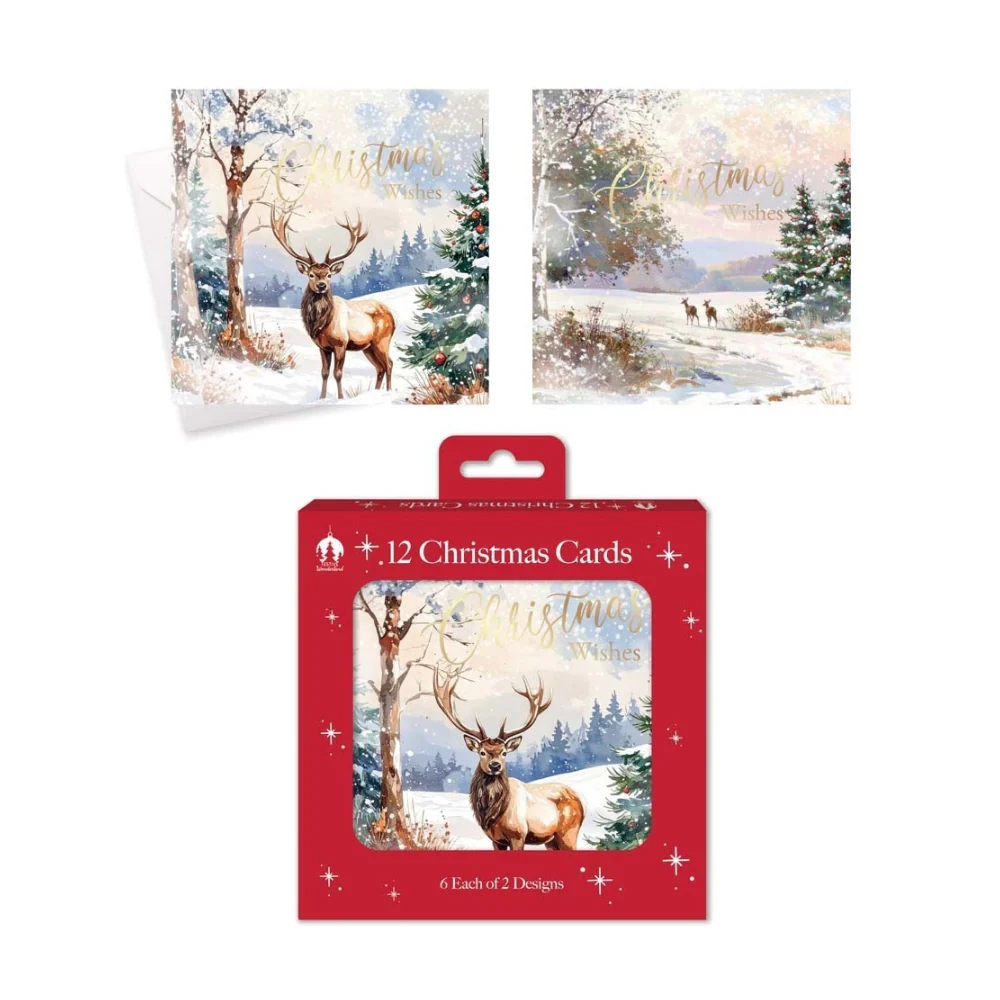 Festive Wonderland Deer Scene Christmas Cards | Pack of 12, Assorted Designs
