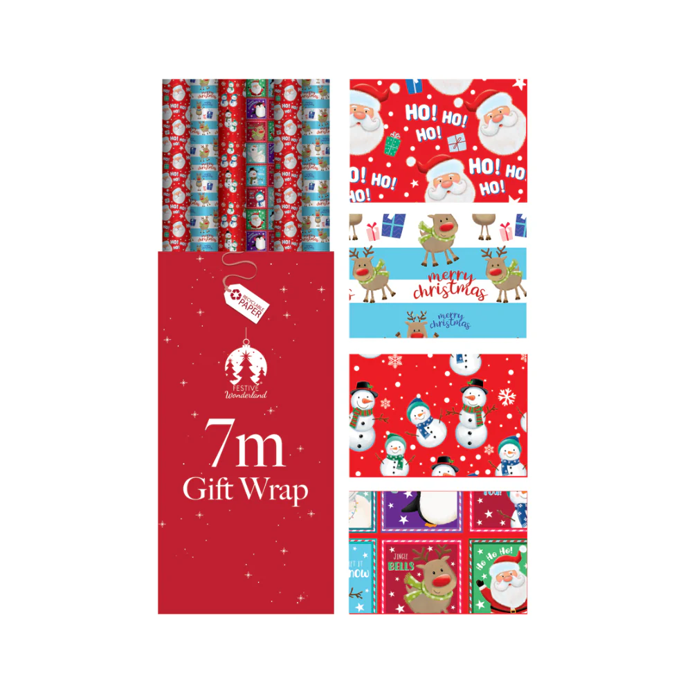 Festive Wonderland Kids Christmas Gift Wrap Roll | 7m, Assorted Designs