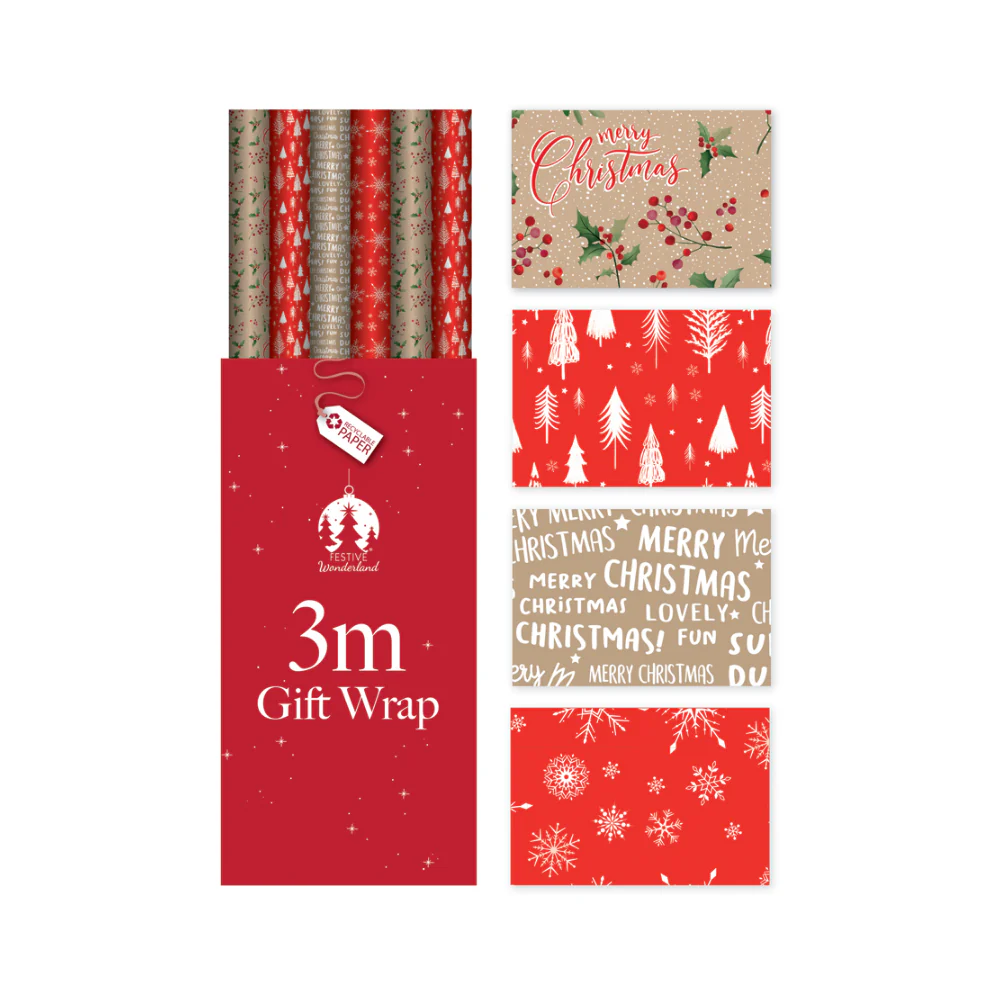 Festive Wonderland Kraft Christmas Gift Wrap | 3m, Assorted Designs