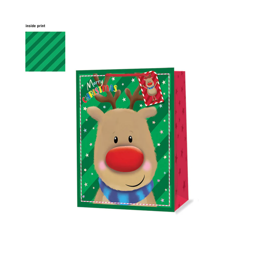 Festive Wonderland Rudolph Christmas Gift Bag | Large, Gift Tag Included