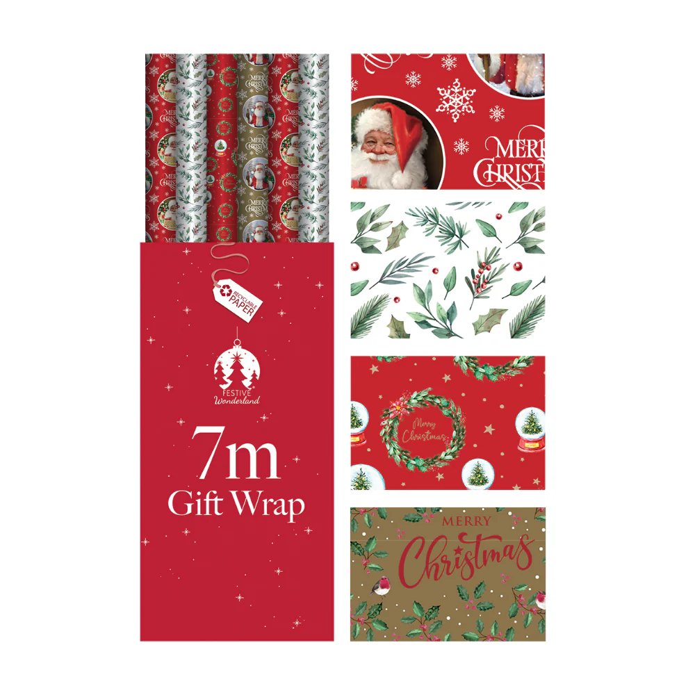 Festive Wonderland Traditional Christmas Gift Wrap Roll | 7m, Assorted Designs