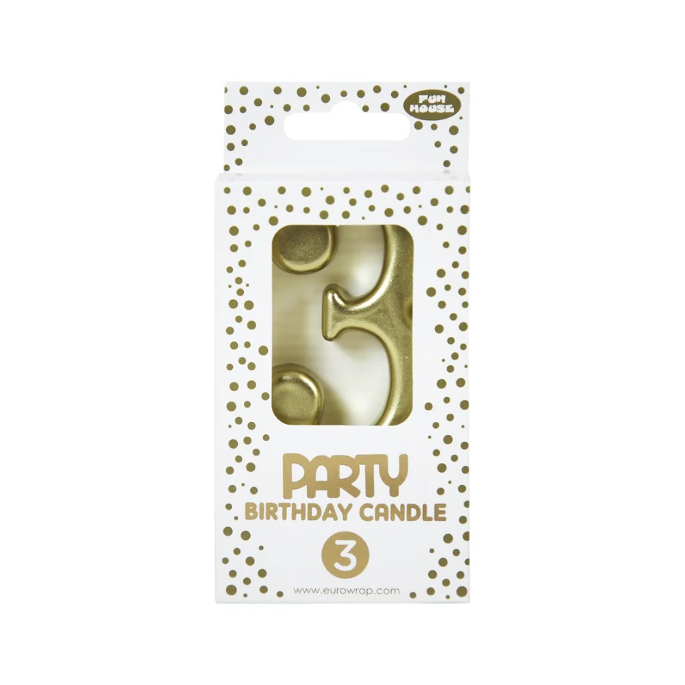 Fun House Gold Number 3 Birthday Candle | Metallic Finish, Oversized Numeral
