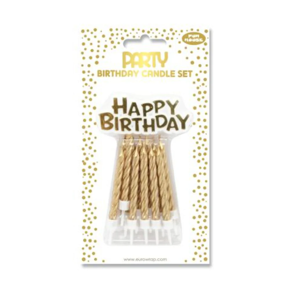 Gold Spiral Happy Birthday Cake Candles | Pack of 6, with Holders