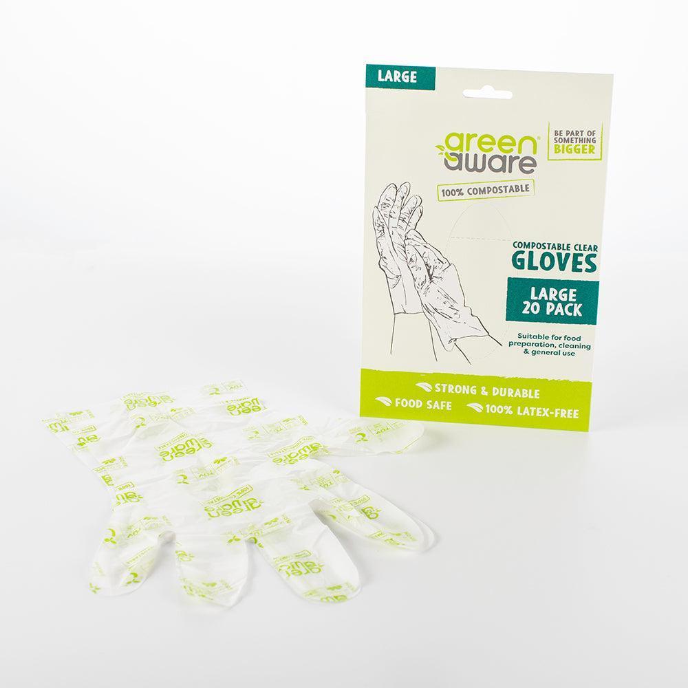 Green Aware Compostable Clear Gloves | Large | 20 Pack