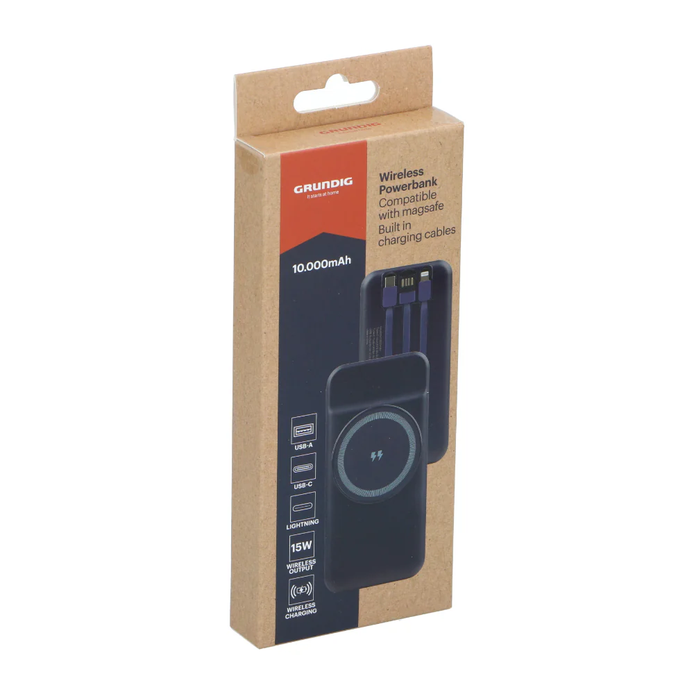 Grundig Magnetic Wireless Power Bank | 10,000mAh, 3 Built-In Cables