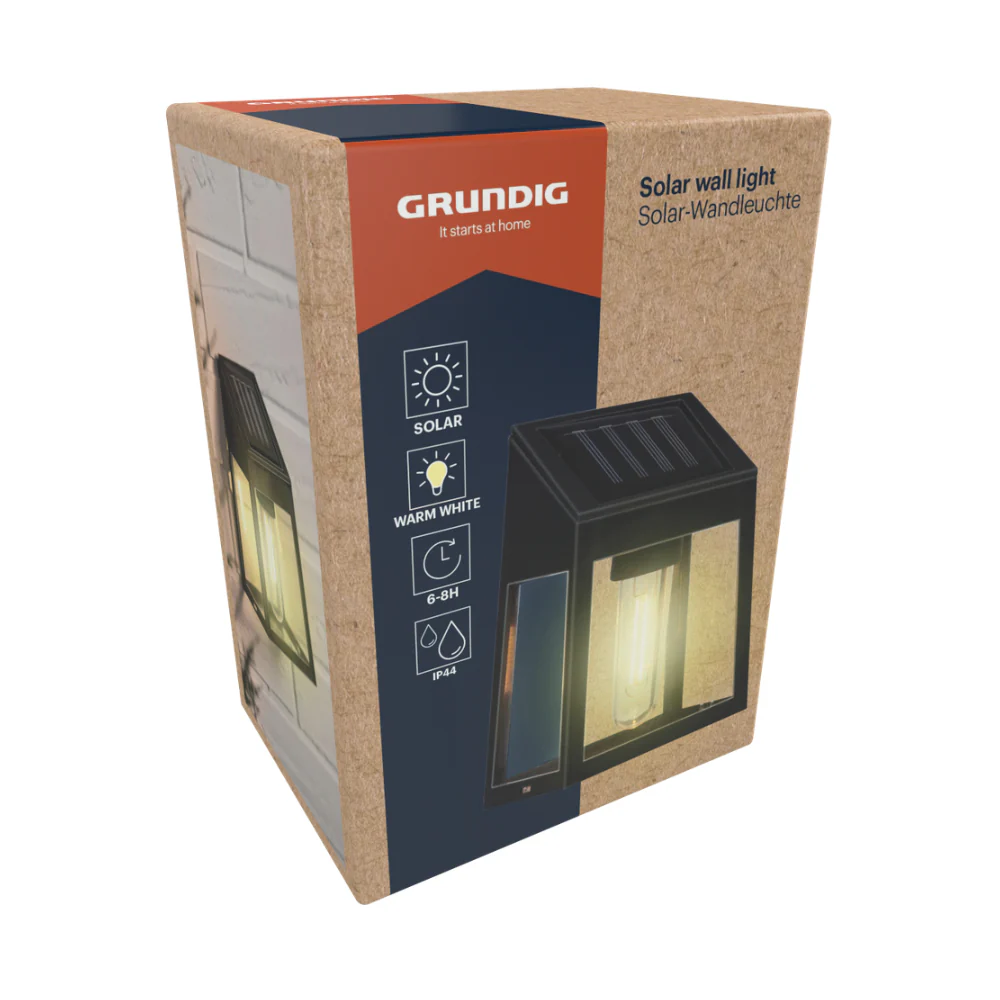 Grundig Solar Wall Lantern Light | Warm White, IP44, Black, 6–8 Hours