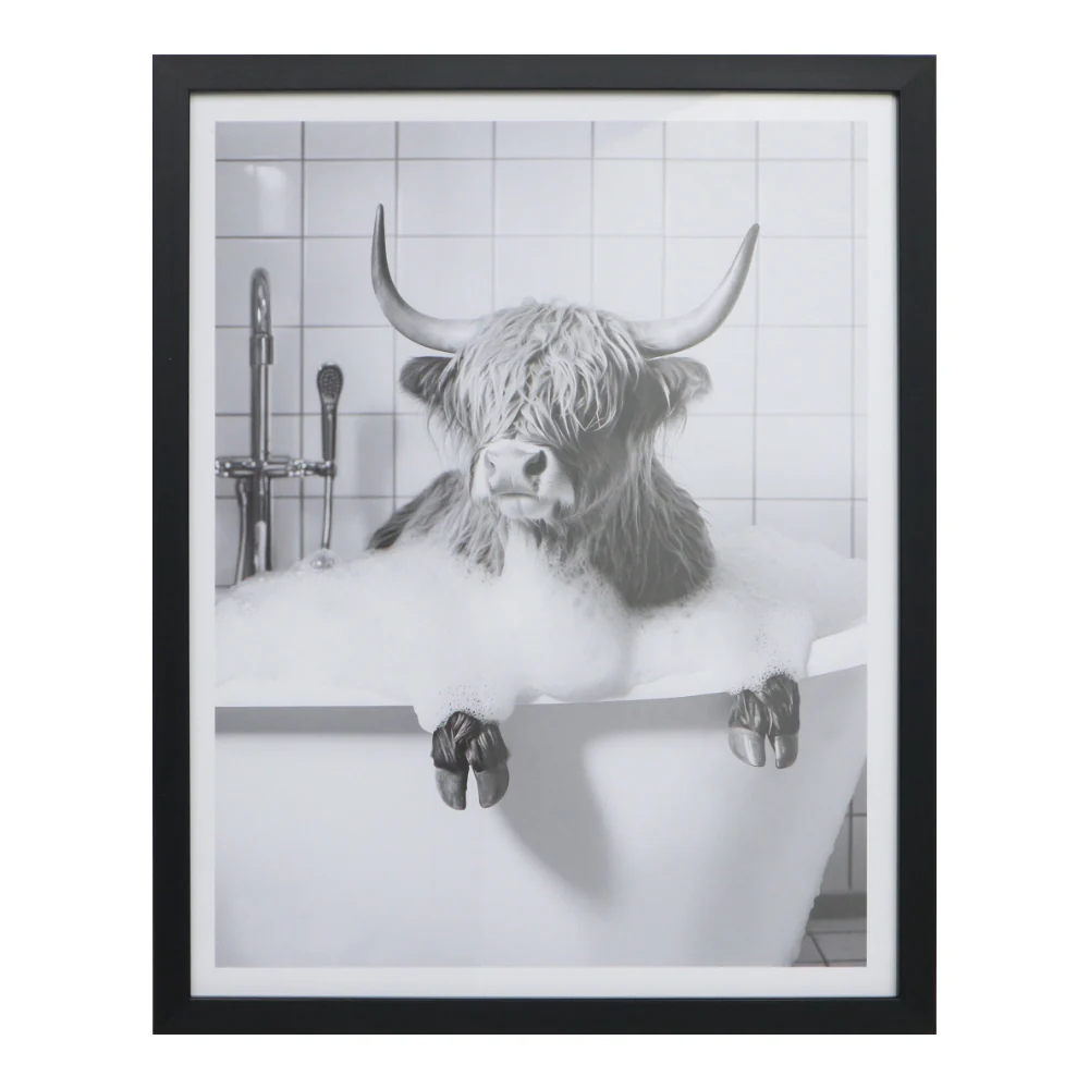 Highland Cow Bathtub Framed Wall Art | Monochrome, Black Frame, 40 x 50