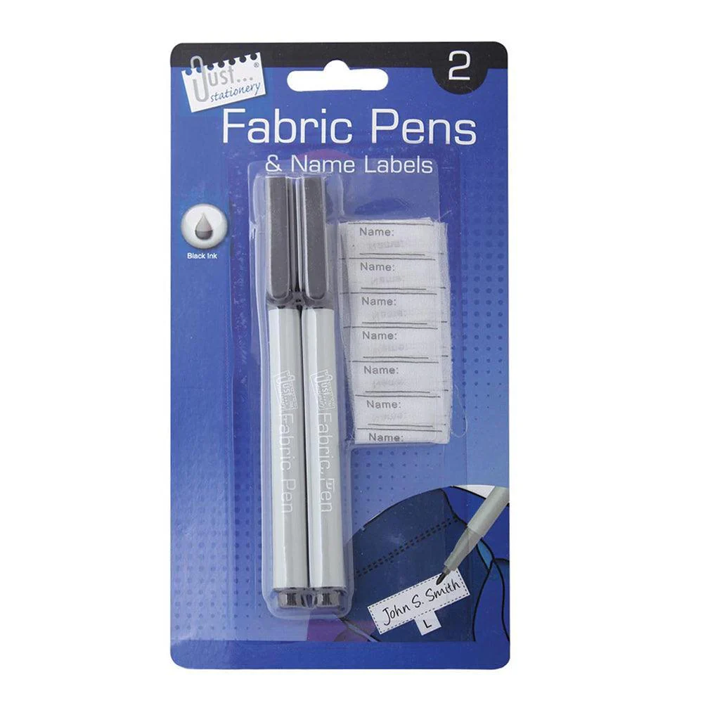 Just Stationery 2 Black Fabric Pens & Iron-On Name Labels | Laundry Pens