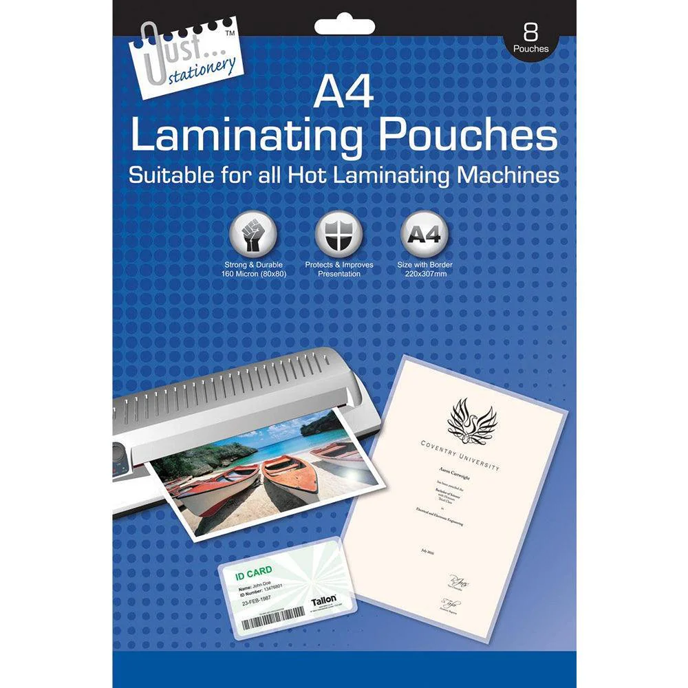 Just Stationery A4 Laminating Pouches | Pack of 8