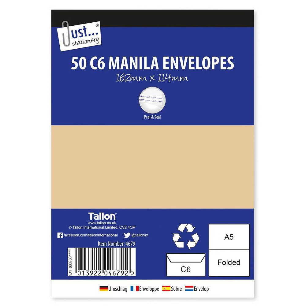 Just Stationery Manila Envelopes Peel & Seal Size C6 | Pack of 50