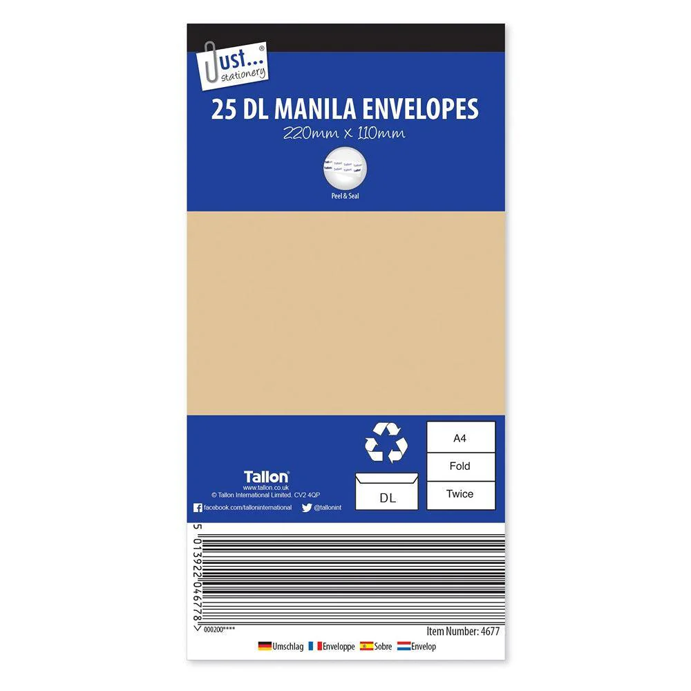 Just Stationery Manila Envelopes Peel & Seal Size DL | Pack of 25