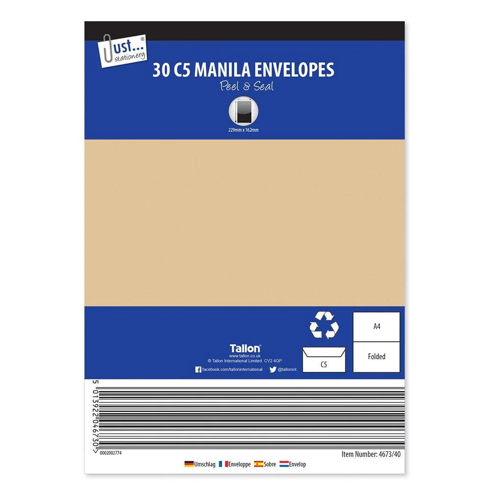 Just Stationery Manila Peel & Seal Envelopes Size C5 | Pack of 30