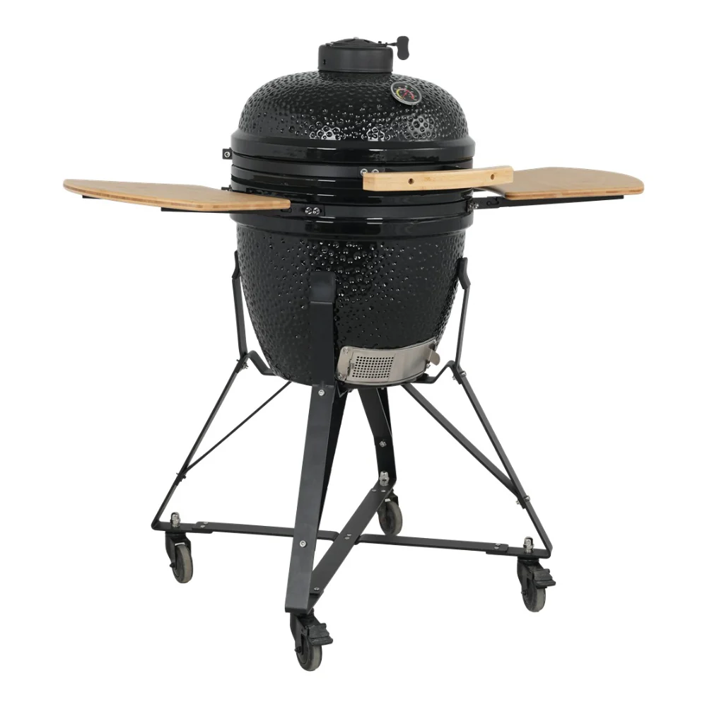 Kamado Black Charcoal BBQ Grill | 18 Inch, Thermometer and Side Shelves