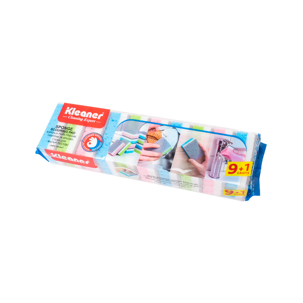 Kleaner Sponge Scourer Dual-Texture | Pack of 10 (9+1 Gratis), Assorted Colours