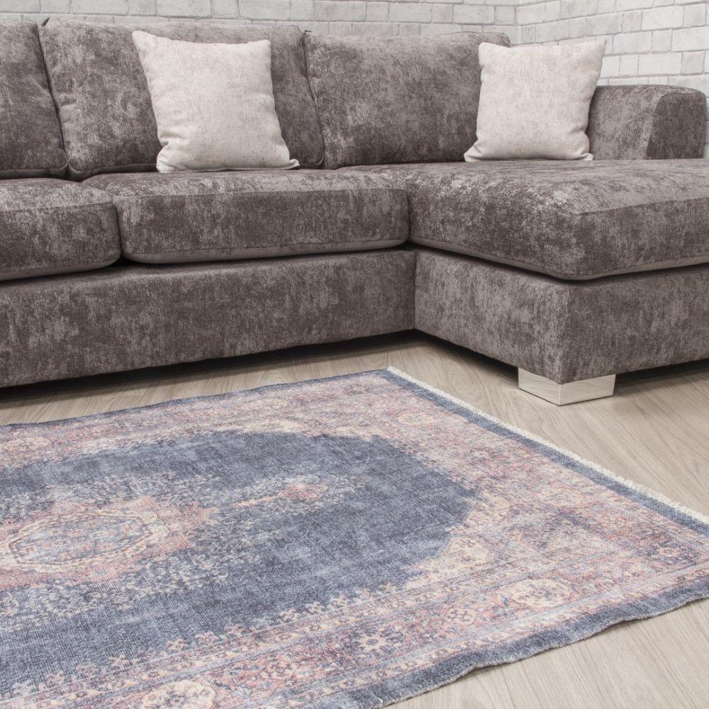 Modena Hamadan Navy Pink Rug | Modern Distressed Design - Image 3