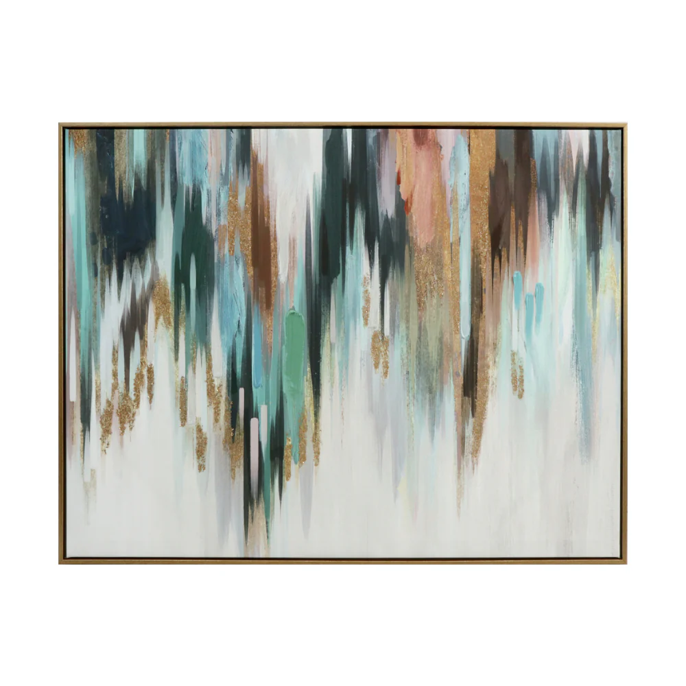 Multicolour Flowing Abstract Canvas Wall Art | Gold Frame, Metallic Accents