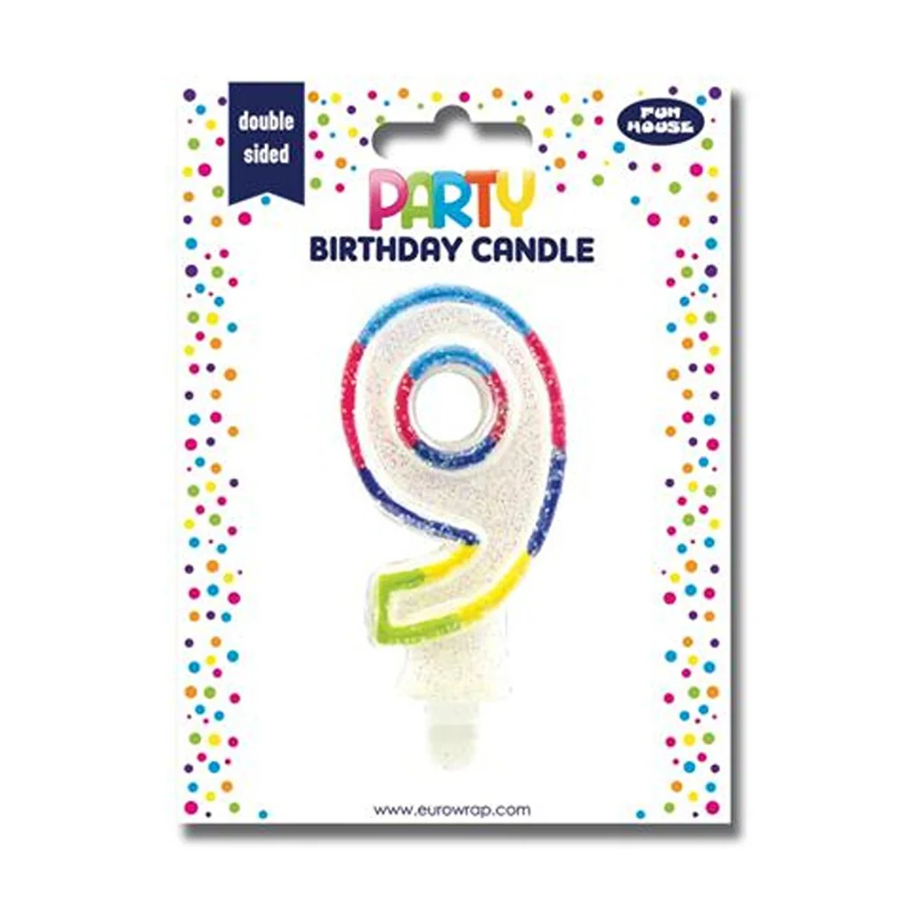 Multicolour Sparkling Number 9 Birthday Candle | Double-Sided Cake Topper