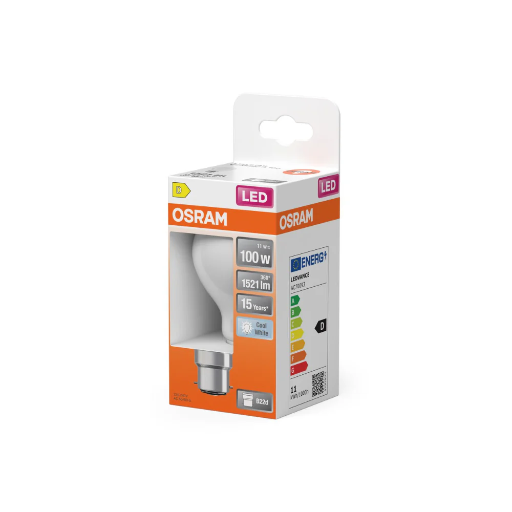 Osram B22d Frosted LED Bulb | 11W, Cool White, 1521lm, 100W Equivalent - Image 2