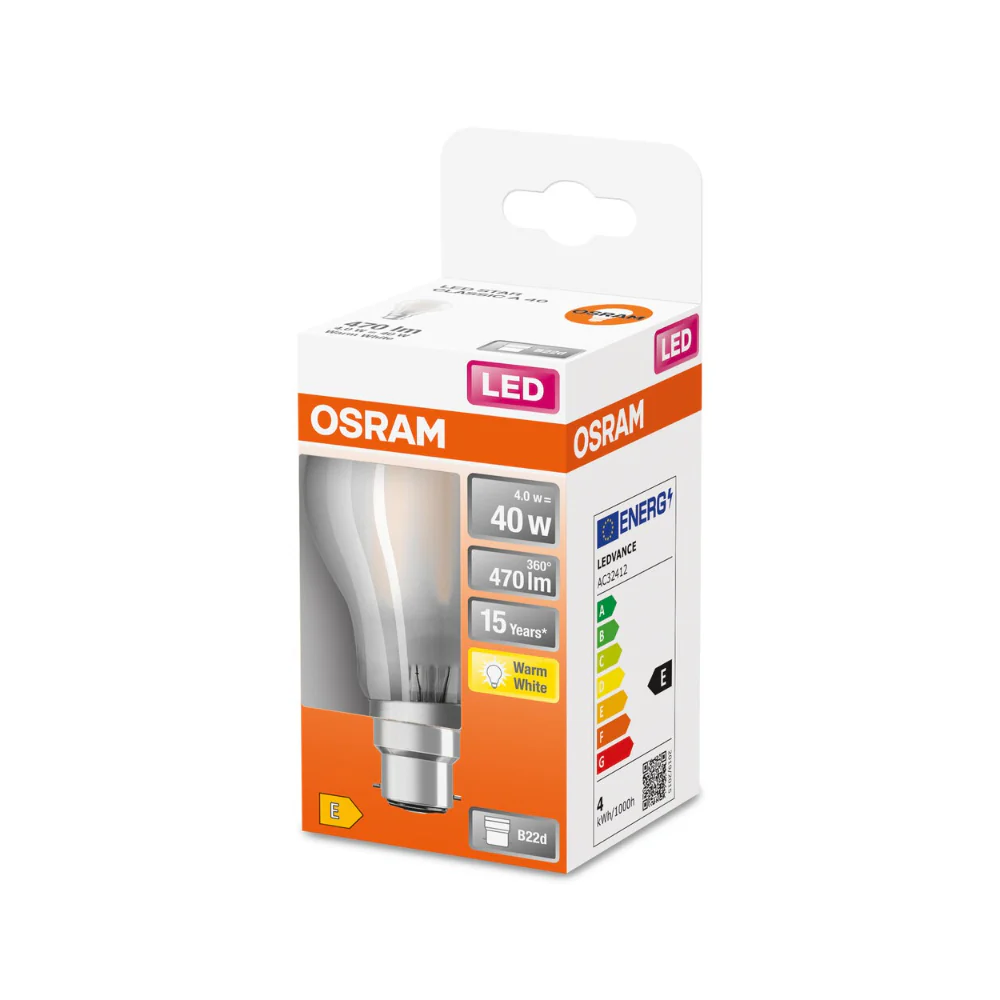 Osram B22d Frosted LED Light Bulb | 4W, 40W Equivalent, Warm White
