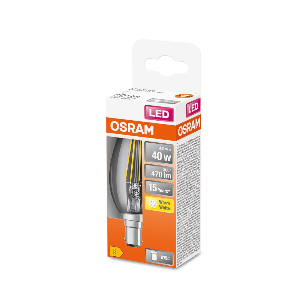 Osram Clear LED Candle Bulb | B15d, Warm White, 4W, 40W Equivalent