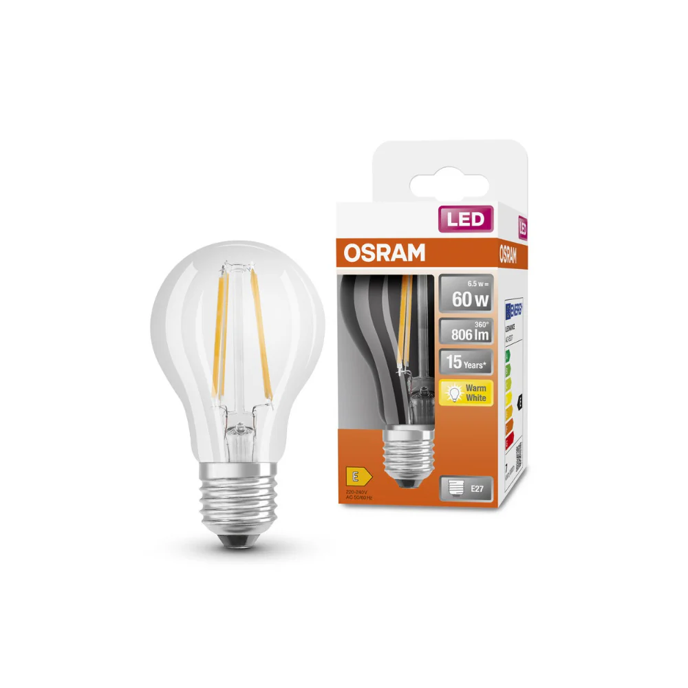 Osram E27 LED Filament Bulb | 6.5W, 806lm, Warm White, 60W Equivalent