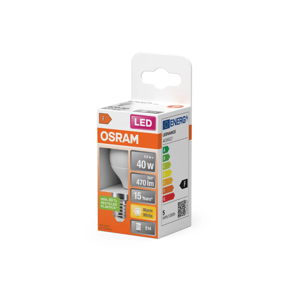 Osram Frosted Golf Ball LED Bulb | E14, 4.9W, Warm White, 470lm - Image 2