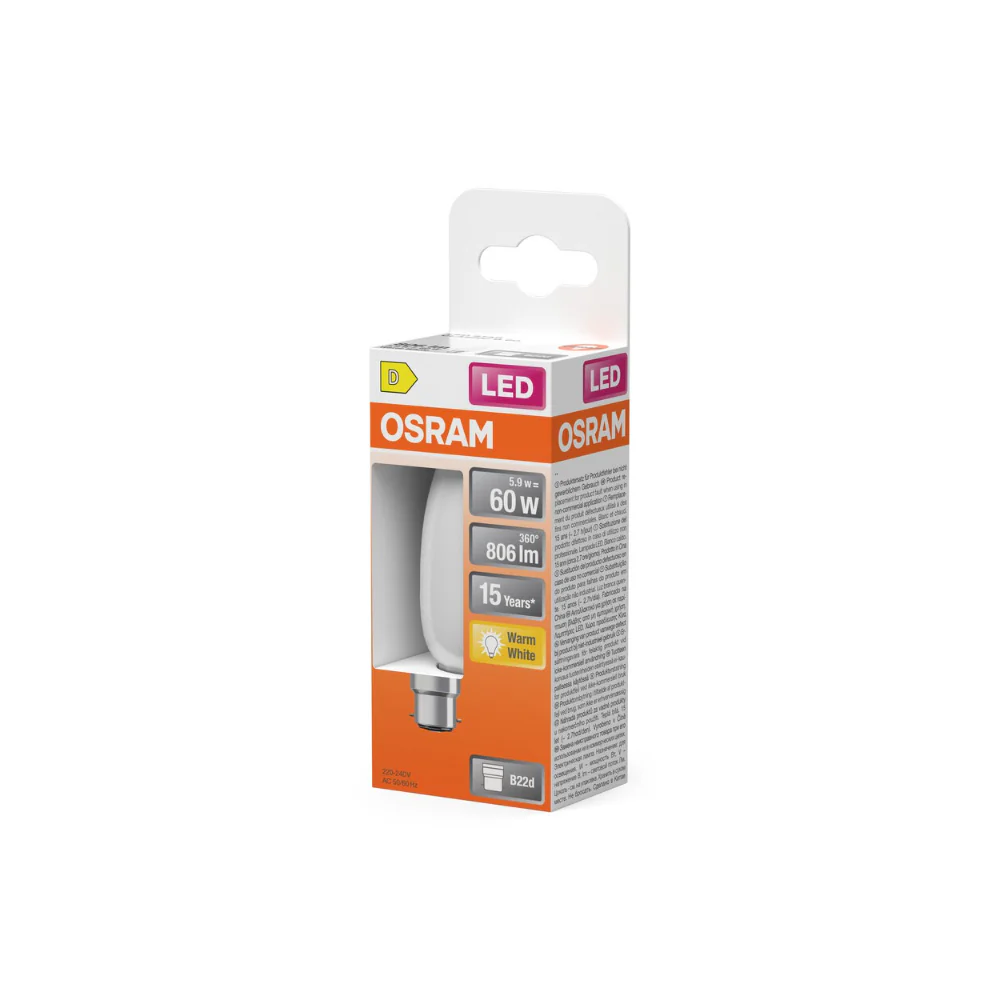 Osram Frosted LED Candle Bulb | B22d, 60W Equivalent, Warm White - Image 2