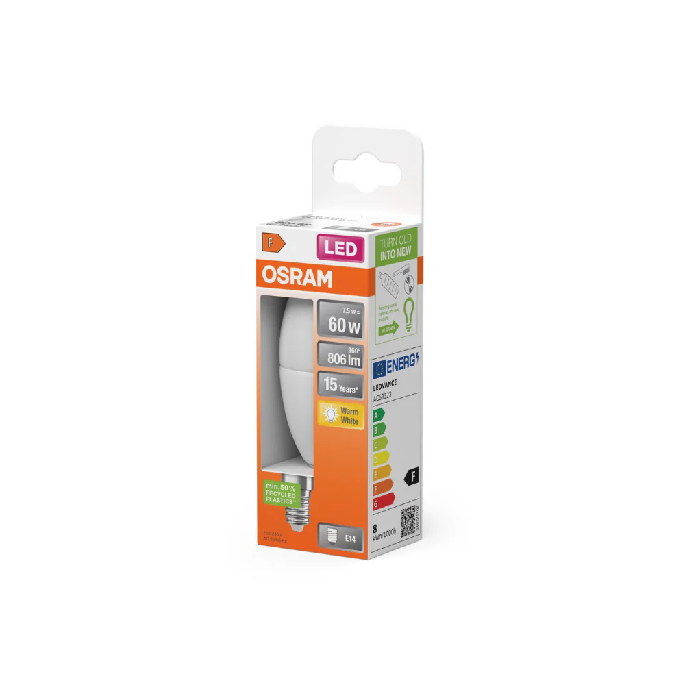 Osram Frosted LED Candle Bulb | E14, 60W Equivalent, Warm White - Image 2