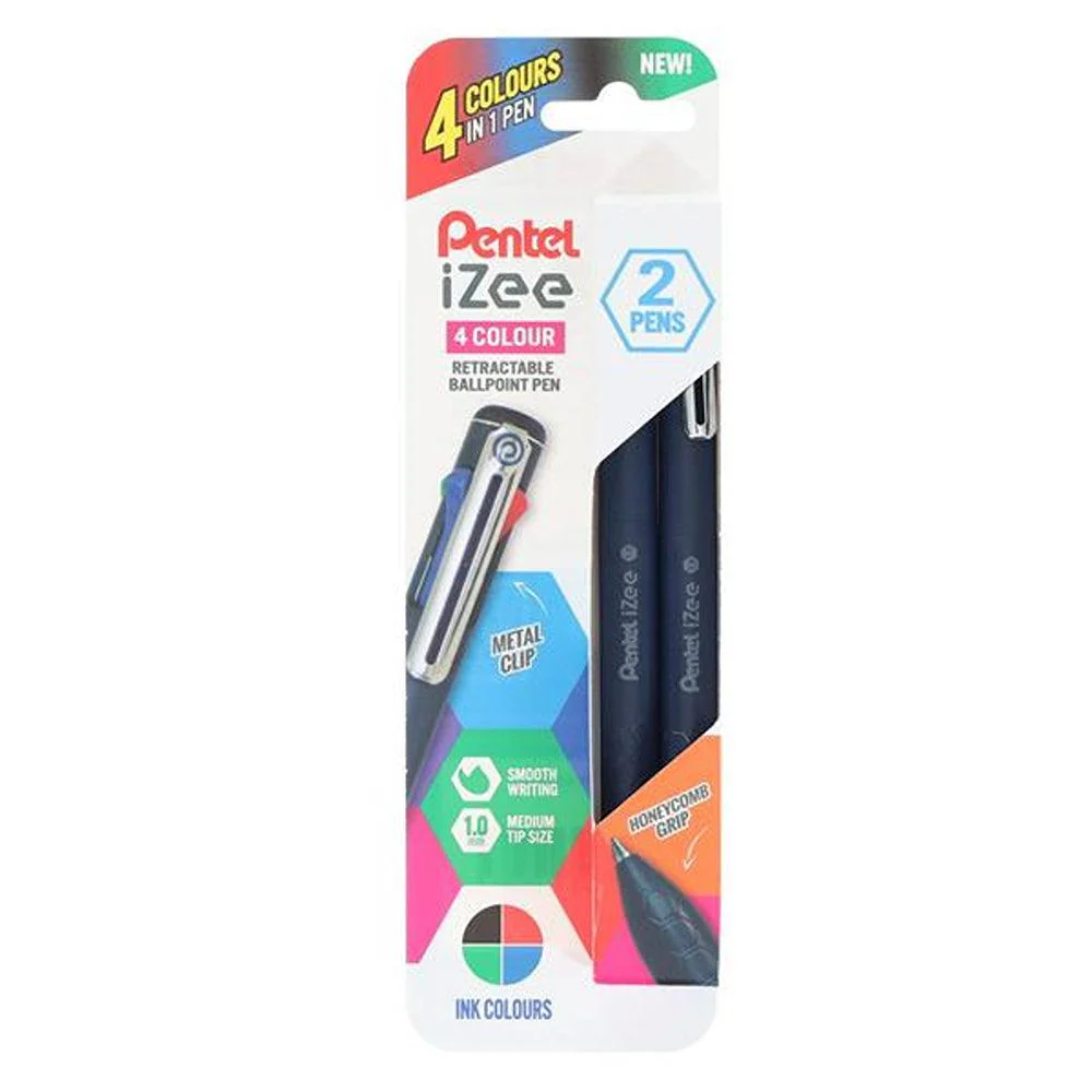 Pentel Izee 4 Colour Retractable Ballpoint Pen with Metal Clip & Honeycomb Grip | 1.0mm | Pack of 2